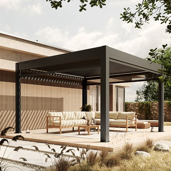 Samostojeća vrtna pergola Lumera od aluminija, 4x4 m, bioklimatska, LED rasvjeta, električna
