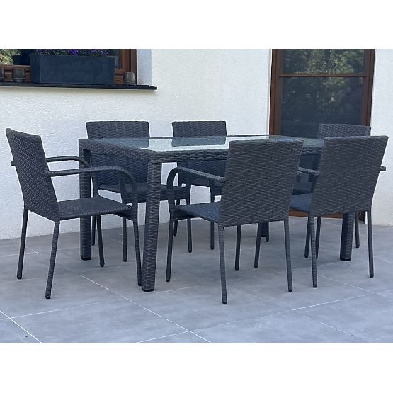 Set blagovaonskog namještaja od tehno ratana (stol 150×90 cm + 6 × stolica) AVVICENTE, crna