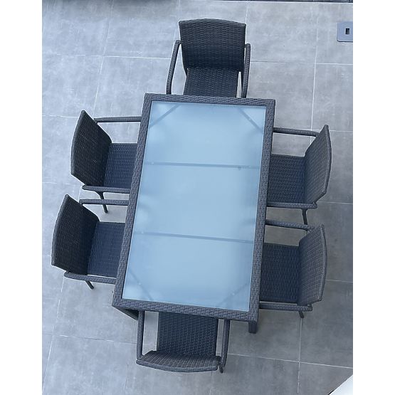 Set blagovaonskog namještaja od tehno ratana (stol 150×90 cm + 6 × stolica) AVVICENTE, crna