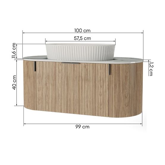 Set ormarića s pločom i umivaonikom La simplicite 100 cm, rebrasti, zaobljeni, Glit White/hrast