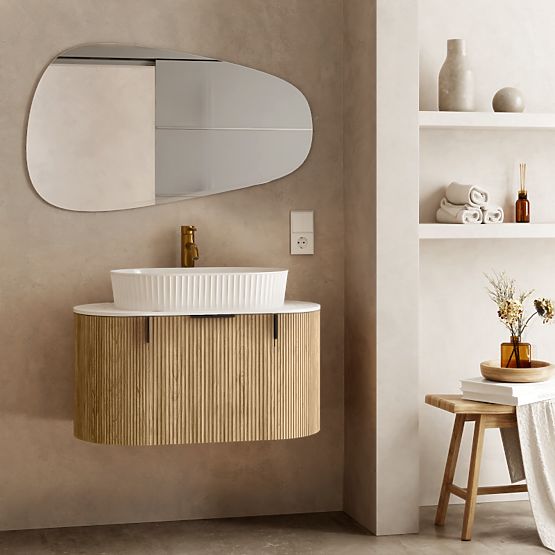 Set ormarića s pločom i umivaonikom La simplicite 80 cm, žljebast, zaobljen, Glit White/hrast