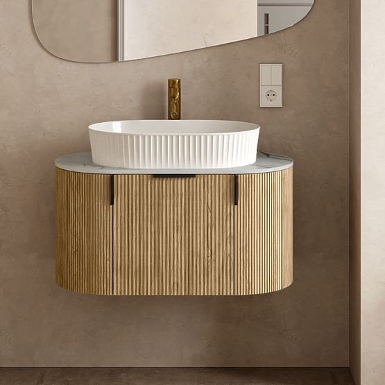 Set ormarića s pločom i umivaonikom La simplicite 80 cm, žljebast, zaobljen, Glit White/hrast