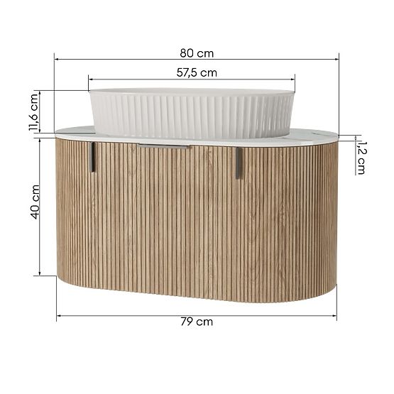 Set ormarića s pločom i umivaonikom La simplicite 80 cm, žljebast, zaobljen, Glit White/hrast