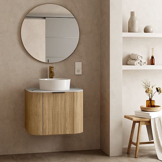 Set ormarića s pločom i umivaonikom Matinale 60 cm, rebrasti, zaobljeni, Glit White/akacija