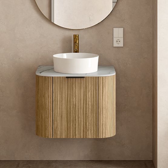 Set ormarića s pločom i umivaonikom Matinale 60 cm, rebrasti, zaobljeni, Glit White/akacija