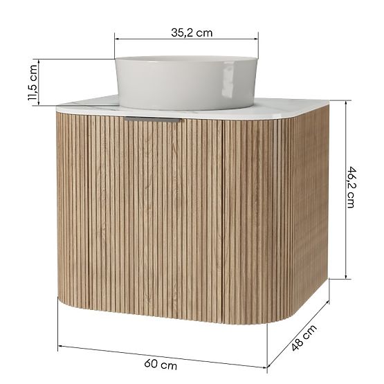 Set ormarića s pločom i umivaonikom Matinale 60 cm, rebrasti, zaobljeni, Glit White/akacija