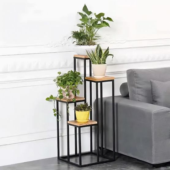 Stalak za cvijeće polica za cvijeće dekoracija 4 police metal MDF svijetli orah ModernHome