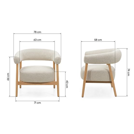 Tapecirana stolica/fotelja Montepulciano, svijetlo bež/hrastovo drvo, zaobljena