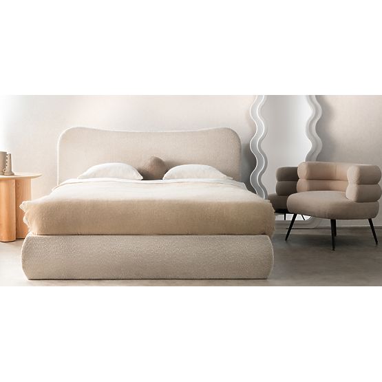 Tapecirani krevet Derry 140x200 cm, s podnicom i spremištem, zaobljen, bež