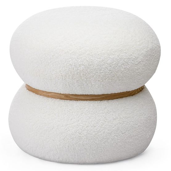 Tapecirani puf Muss, okrugli, bijeli, boucle