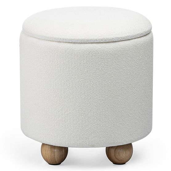 Tapecirani puf Pebble, s prostorom za pohranu, okrugli, bijeli