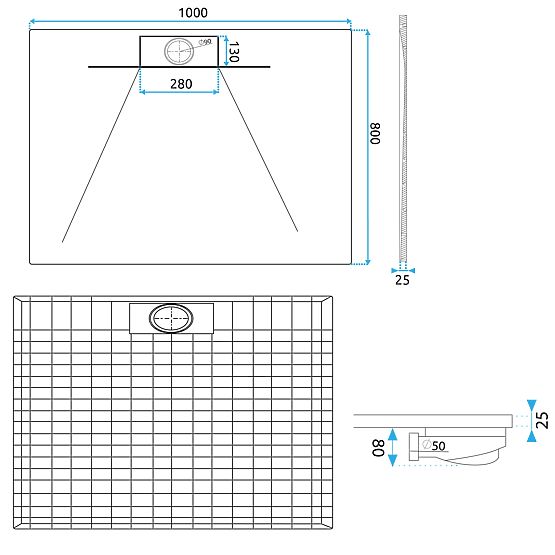 Tuš kada Bazalt Long White 80x100