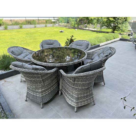 Veliki blagovaonski set od tehno ratana (6 stolica + stol) MODERNO svijetlo siva