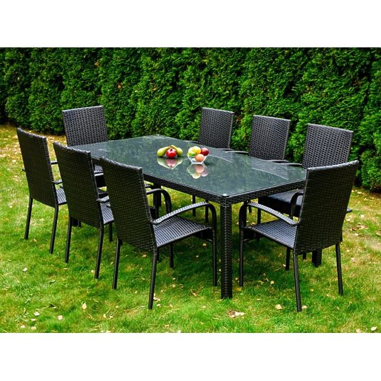 Veliki blagovaonski set od tehno ratana (stol 200x100cm + 8 stolica) SOTTILE crna