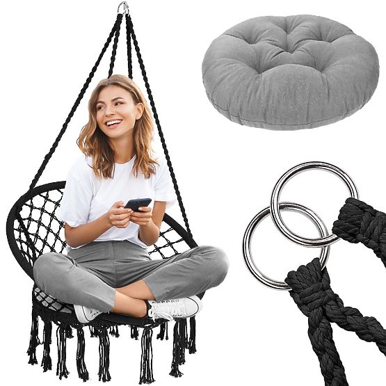 Viseća stolica boho s jastukom black 490129A