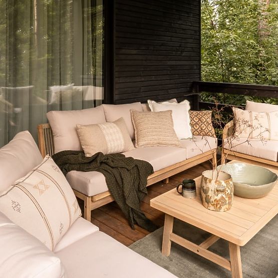 Vrtni kutni set sa stolom Castello, pletenje, akacijevo drvo FSC, izgled tikovine, bež