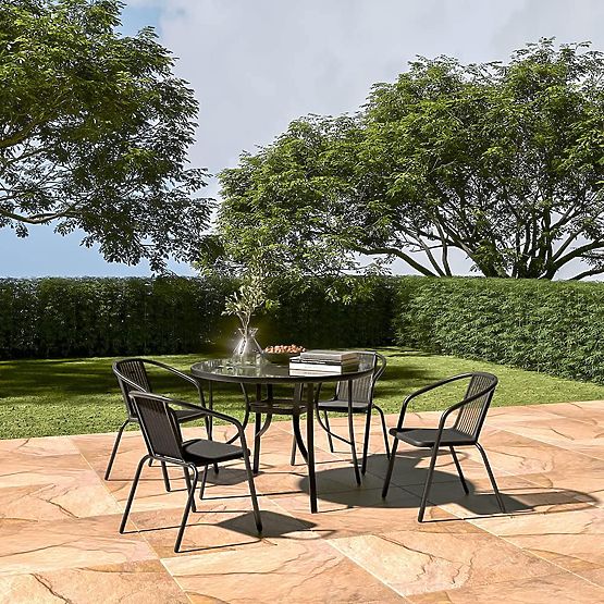 Vrtni okrugli stol 105 cm za terasu, vrt, balkon, kaljeno staklo, otvor za suncobran MultiGarden