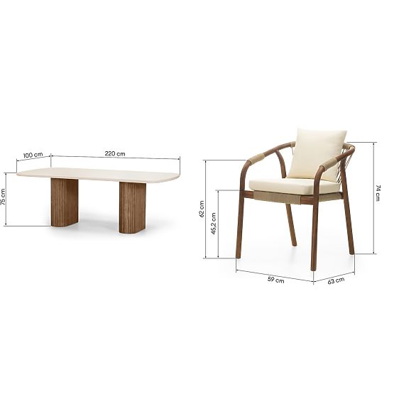 Vrtni set Rovigo stol s kamenim pločom 220 cm i 6 stolica s pletenim užetom, tamno drvo