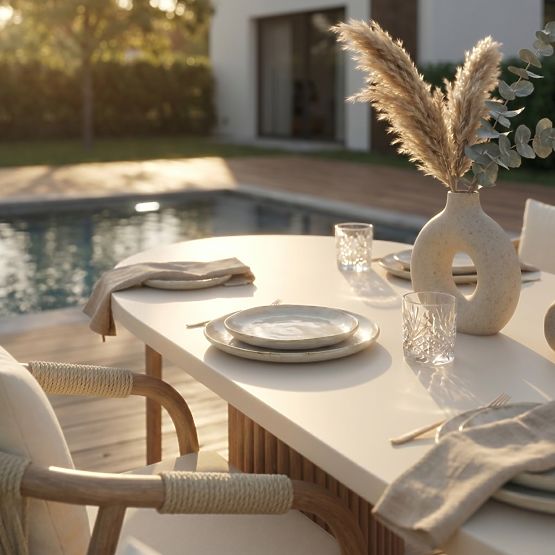 Vrtni stol Komorebi 270 cm s kamenom pločom, svijetlo akacijevo drvo/svijetlo bež, ovalni, letvice