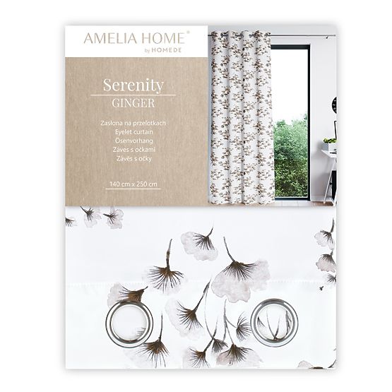 Zavjesa SERENITY bijela boja s tiskanim biljnim motivom klasičnog stila srebrne metalne ušice