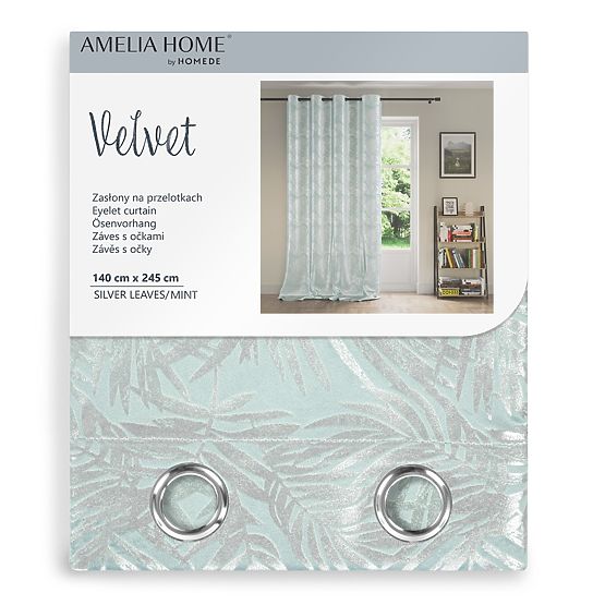 Zavjesa SILVERLEAVES mint boja tiskani stil glamour srebrne provodnice baršun 140x245 AmeliaHom
