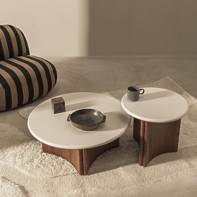Bočni stolić Marlo II 50 cm, krem bijela/orah, mikrocement