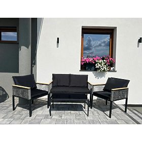 Mali set namještaja za balkon (2 x stolica, sofa + stol) CORTO crni aluminij, sivi tehnoratan