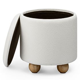 Tapecirani puf Pebble, s prostorom za pohranu, okrugli, bijeli