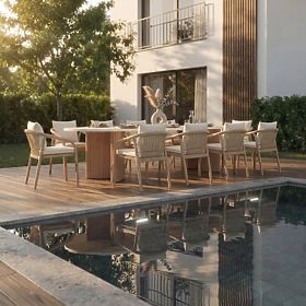 Vrtni stol Komorebi 270 cm s kamenom pločom, svijetlo akacijevo drvo/svijetlo bež, ovalni, letvice